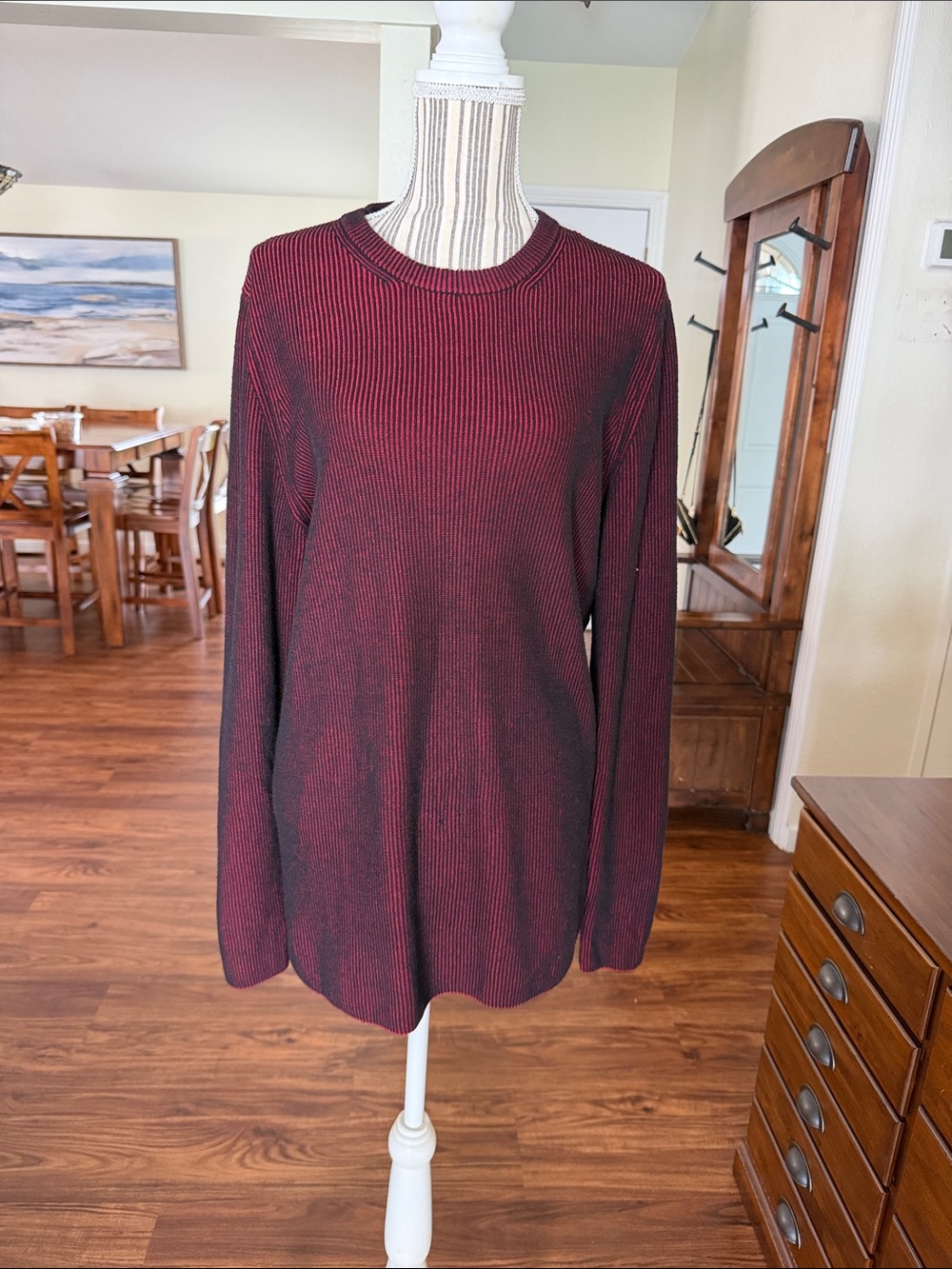 Kenneth Kole Men Ribbed Long-Sleeve Crewneck Top - Burgundy/Black